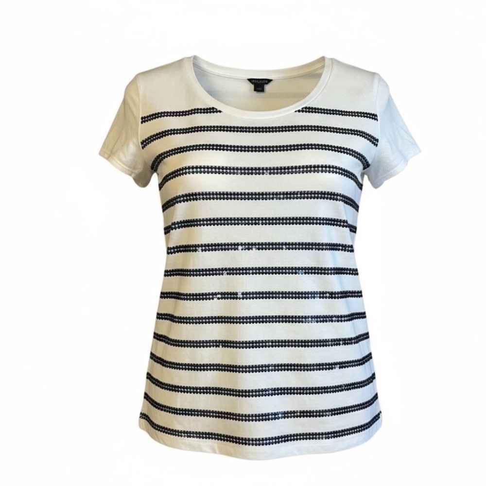 Ann Taylor Short Sleeve Crew Neck Tshirt with blue sequin Stripes Size Small